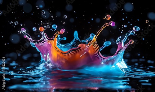 This image captures a splash of various colorful liquids at the moment of impact, displaying a vivid and dynamic scene with a mix of hues