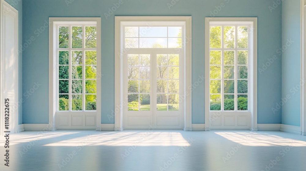 Fototapeta premium Bright and Spacious Room with Large Windows and Garden View