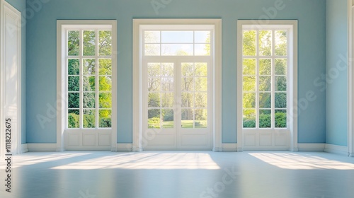 Bright and Spacious Room with Large Windows and Garden View