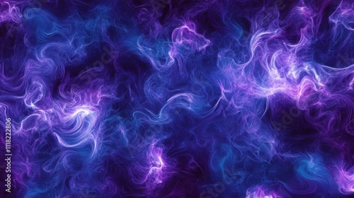 Vibrant swirling neon smoke in fluid purple and blue tones, enhanced by glowing ultraviolet highlights in the dark