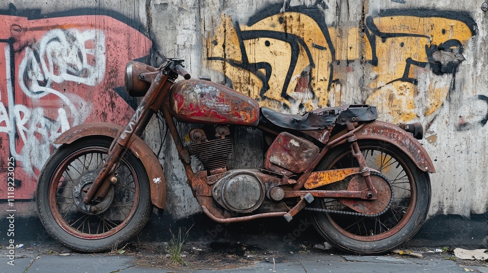 A motorbike with rusty spokes and worn-out brakes, leaning against a graffiti-covered barrier, A motorbike with rusty spokes and worn-out brakes, leaning against a graffiti-covered barrier,