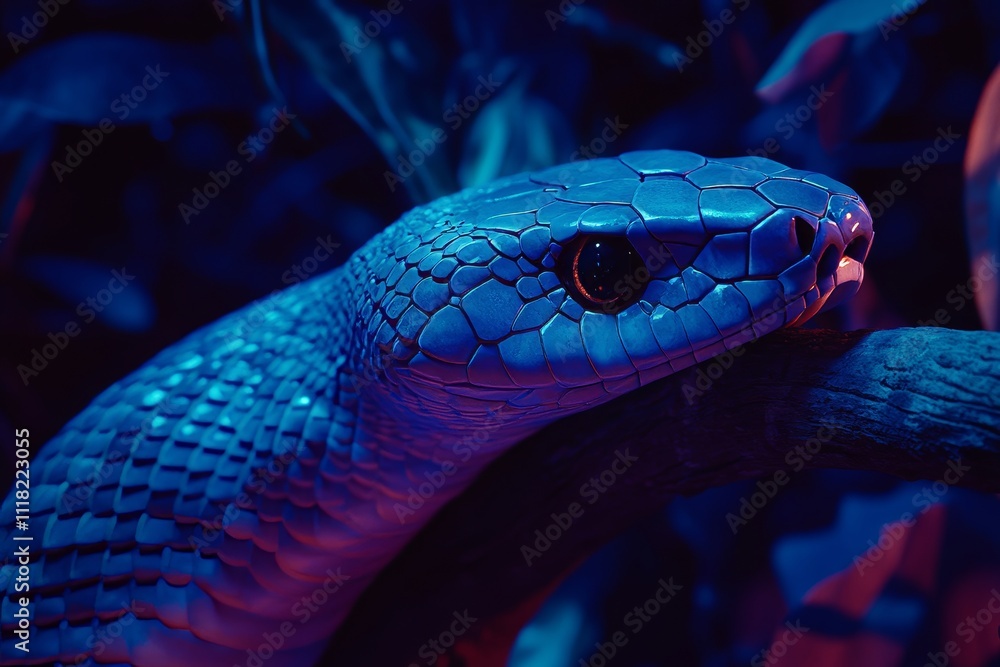 A tight frame capturing a blue-red snake's head on a branch, set against a backdrop of leaves. A tight frame capturing a blue-red snake's head on a branch, set against a backdrop of leaves.