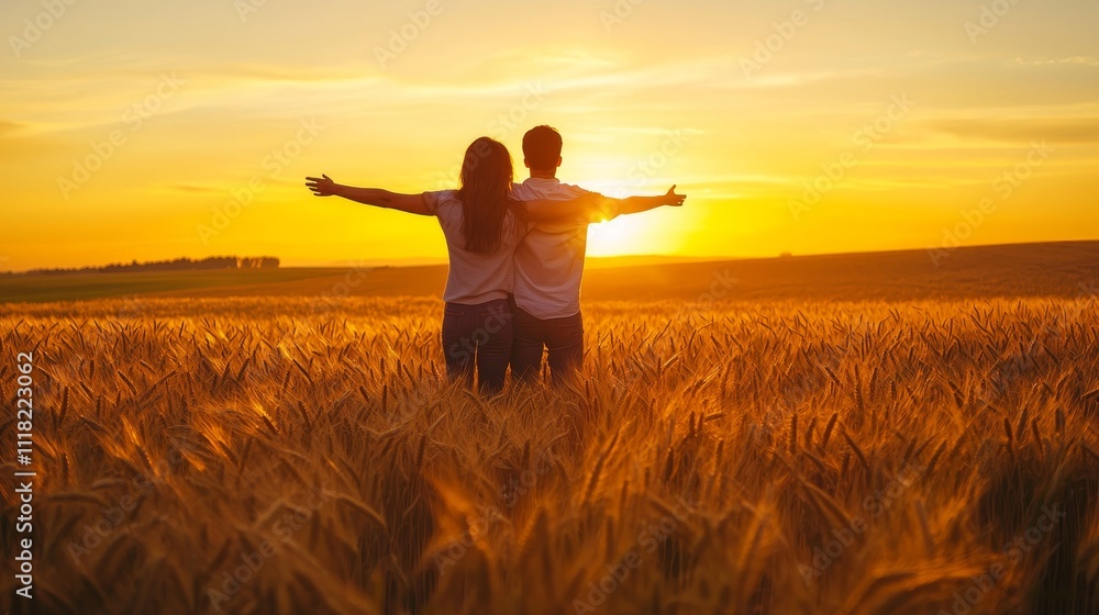 Couple enjoying the golden wheat harvest at sunset Couple enjoying the golden wheat harvest at sunset