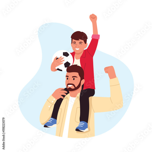 Vector illustration of happy dad and son cheering at a soccer match. Cartoon scene of dad with beard and son holding soccer ball, supporting soccer team,with raised hands isolated on white background.