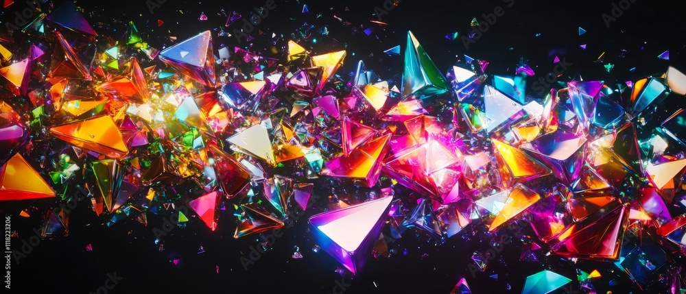 Dynamic abstract composition of vibrant, multicolored triangular shapes and prisms scattered across a dark background, creating a futuristic, energetic visual with vivid lighting effects Dynamic abstract composition of vibrant, multicolored triangular shapes and prisms scattered across a dark background, creating a futuristic, energetic visual with vivid lighting effects