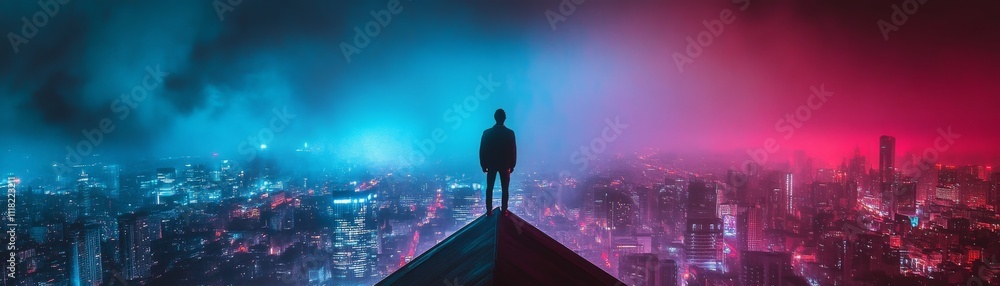 Fototapeta premium Cyberpunk Cityscape Man on Rooftop, Dual Tone Lighting, Digital Art, Night View cyberpunk, cityscape