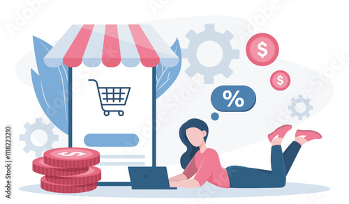 Online shopping woman. Young girl with laptop near huge smartphone. Electronic commerce and marketing. Cashless transfers and transactions. Flat vector illustration