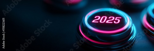 Entering the New Year 2025: A Futuristic Digital Countdown Button Glowing with Neon Lights photo