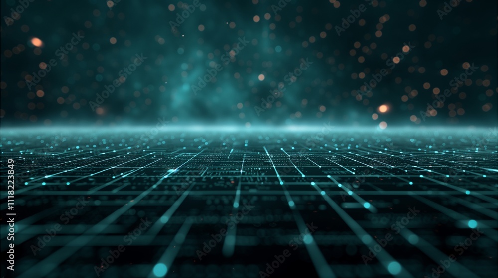 Digital Network: A mesmerizing abstract background of glowing teal lines and shimmering particles against a deep black backdrop. The lines suggest connectivity. Digital Network: A mesmerizing abstract background of glowing teal lines and shimmering particles against a deep black backdrop. The lines suggest connectivity.