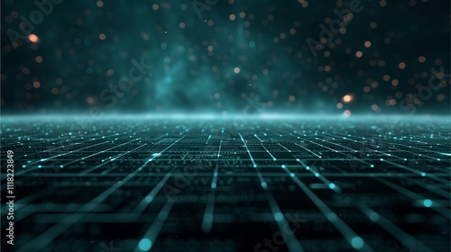 Digital Network: A mesmerizing abstract background of glowing teal lines and shimmering particles against a deep black backdrop. The lines suggest connectivity.