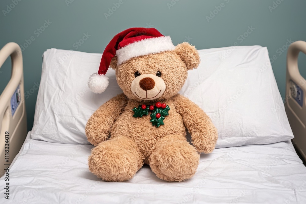Fototapeta premium Cute teddy bear in hospital bed with christmas hat cheerful scene