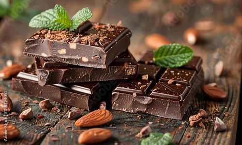 Dark chocolate pieces with almonds and mint leaves on wooden background.