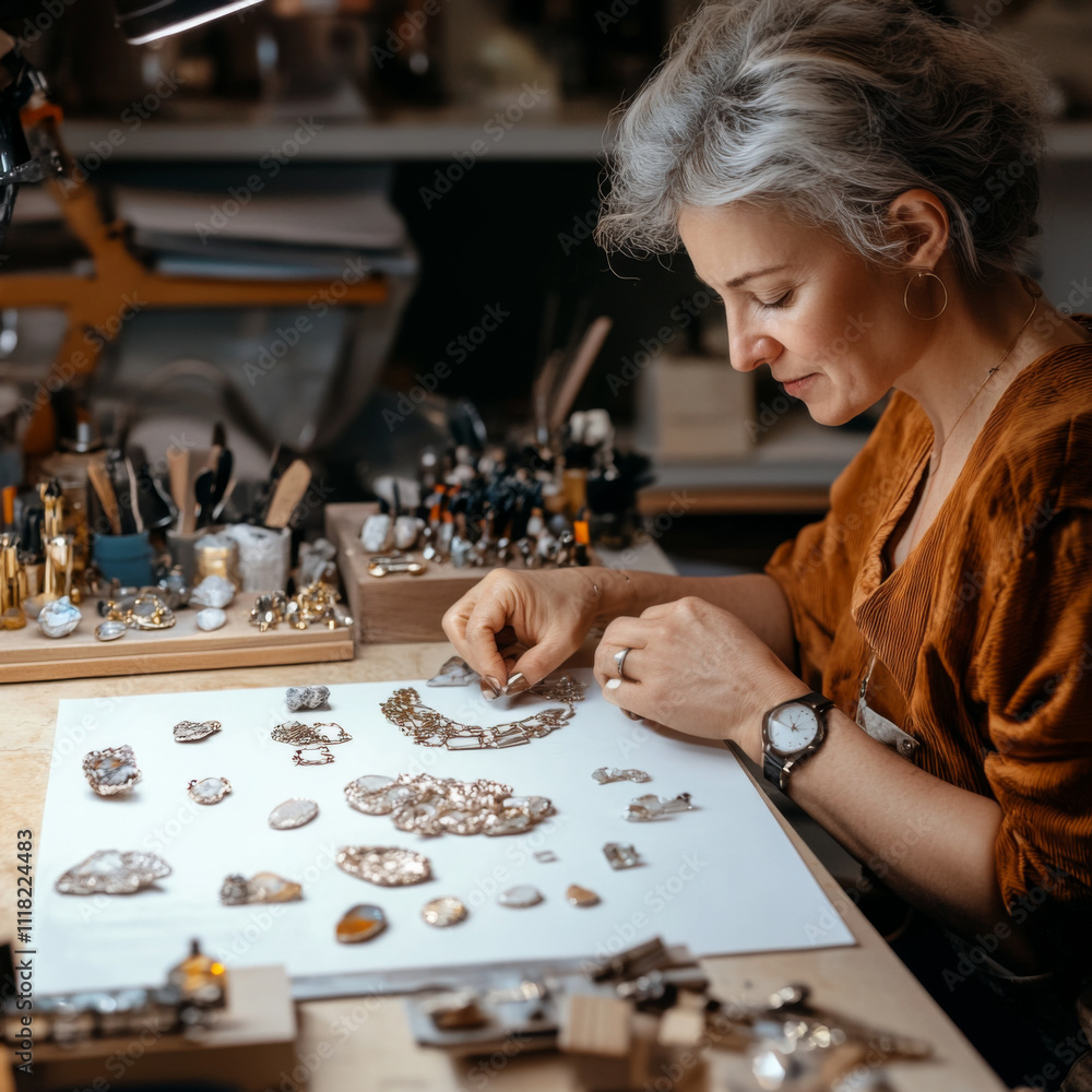 Fototapeta premium skilled artisan carefully crafts intricate jewelry pieces at well organized workbench, surrounded by tools and materials, showcasing creativity and precision