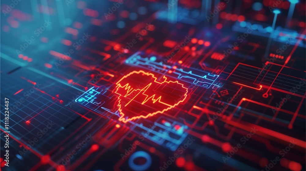 Digital Heartbeat: A glowing red heart formed from a digital EKG beats rhythmically on a complex circuit board, symbolizing the intersection of technology and healthcare. Digital Heartbeat: A glowing red heart formed from a digital EKG beats rhythmically on a complex circuit board, symbolizing the intersection of technology and healthcare.