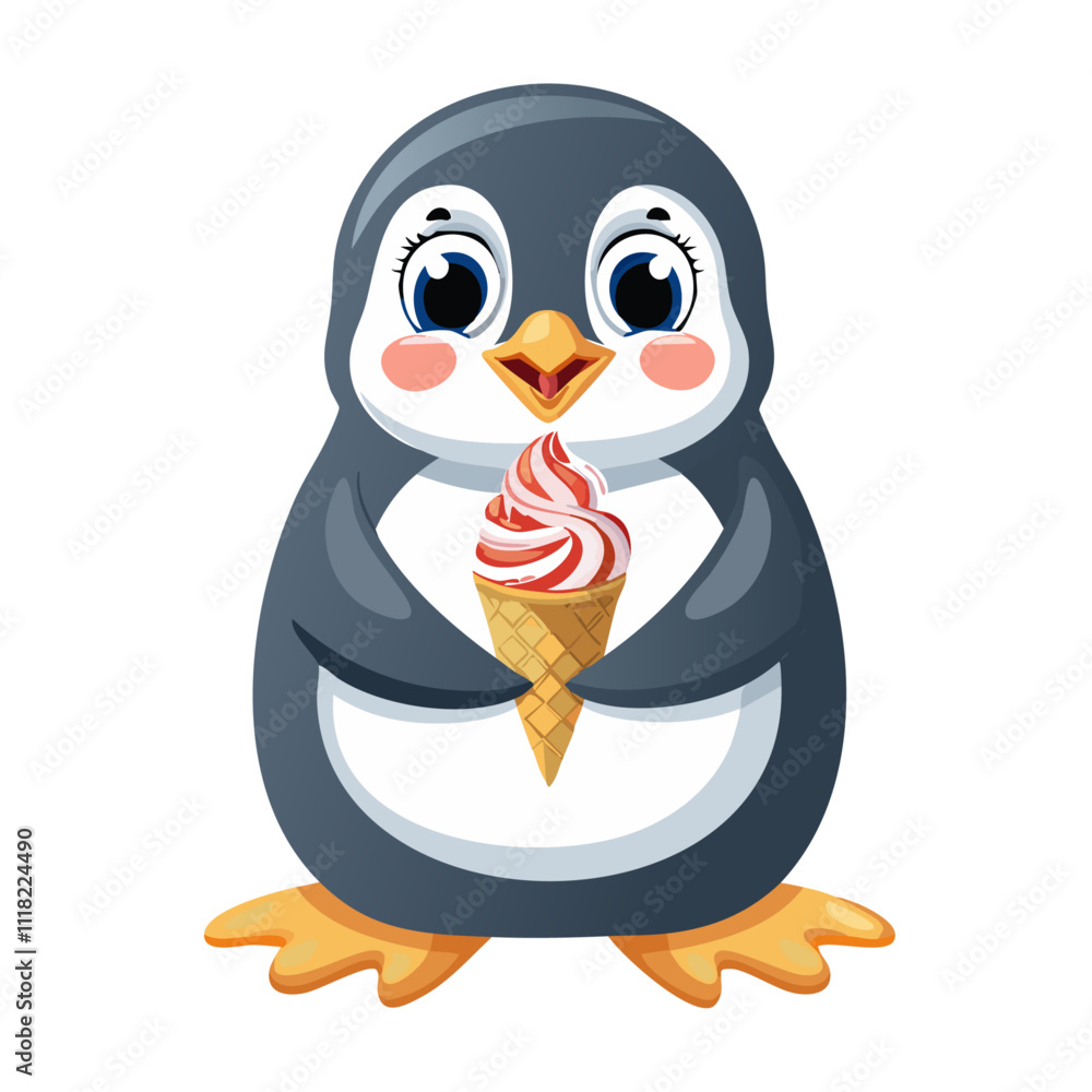 Obraz premium Cute penguin holding ice cream vector illustration in cartoon style. For prints and design