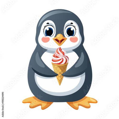 Cute penguin holding ice cream vector illustration in cartoon style. For prints and design