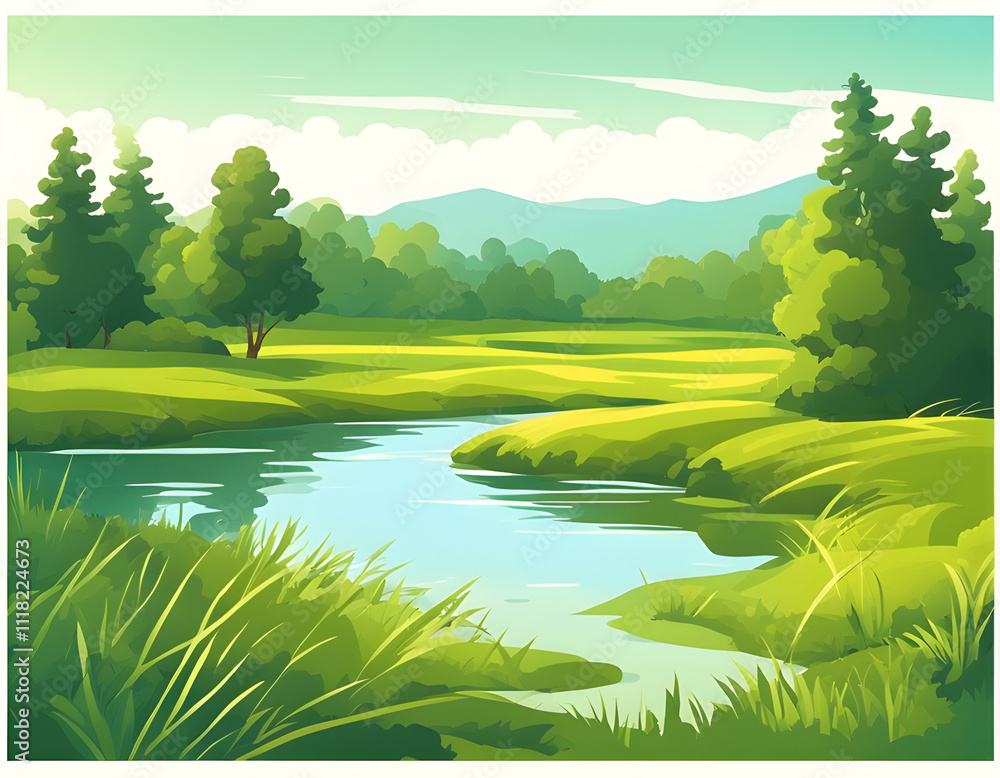Vector art woods river breeze natural background Vector art woods river breeze natural background