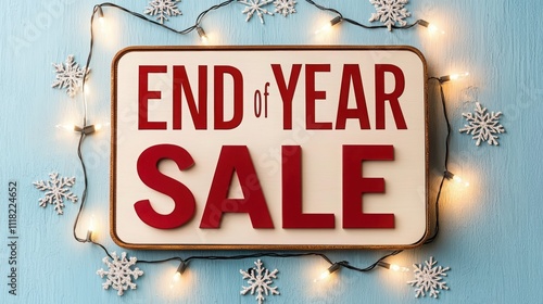 Festive end of year sale sign with decorations, perfect for promoting holiday discounts and sales events.