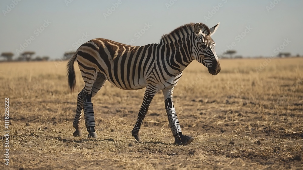 Naklejka premium Zebra with Prosthetic Limb Traversing Vast Savanna Landscape