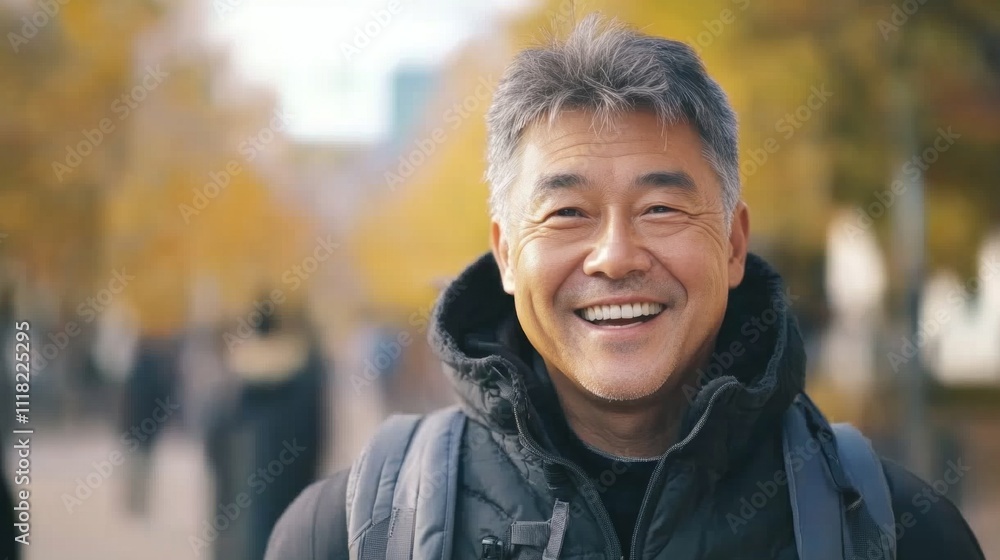A joyful senior Asian man stands in an autumnal park, surrounded by trees adorned with golden leaves A joyful senior Asian man stands in an autumnal park, surrounded by trees adorned with golden leaves