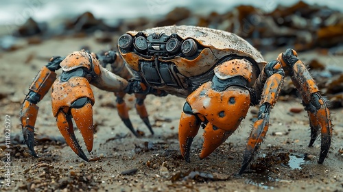 Robotic Crab with Mechanical Prosthetic Claw Traversing Coastal Beach