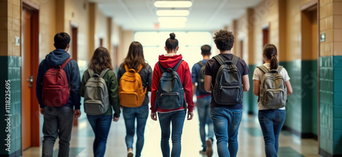 High school students walk in hallway talking. Carry backpacks. Students diverse. Back view. School scene. Headed to classrooms. Education, youth lifestyle. School day in action. Active learning