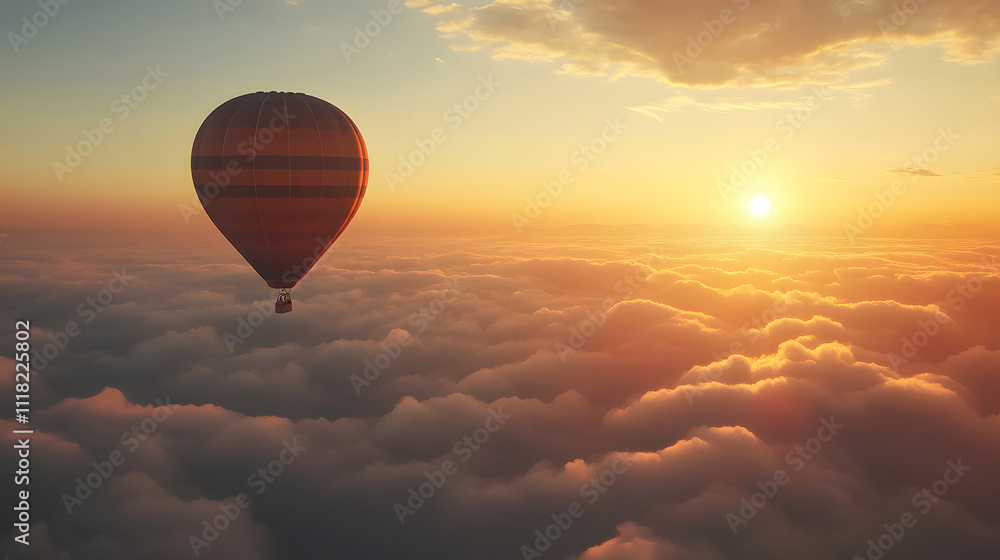 Hot air balloon floats above clouds during vibrant sunset in serene sky Hot air balloon floats above clouds during vibrant sunset in serene sky