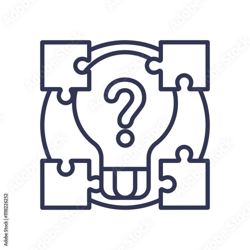 Lightbulb with question mark surrounded by puzzle pieces symbolizes problem-solving.