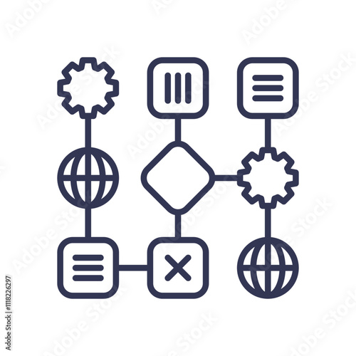 Flowchart with gears and nodes symbolizing process automation and decision-making.