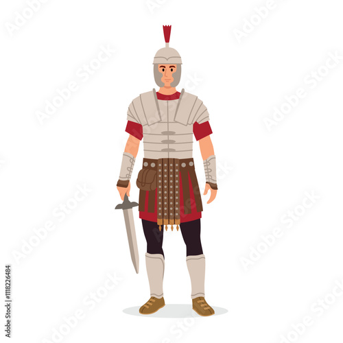Vector illustration of a Roman legionnaire. Cartoon scene of a Roman warrior in military armor: helmet, red shirt,pants, belt with leather stripes,shoes holding a sword isolated on white background.