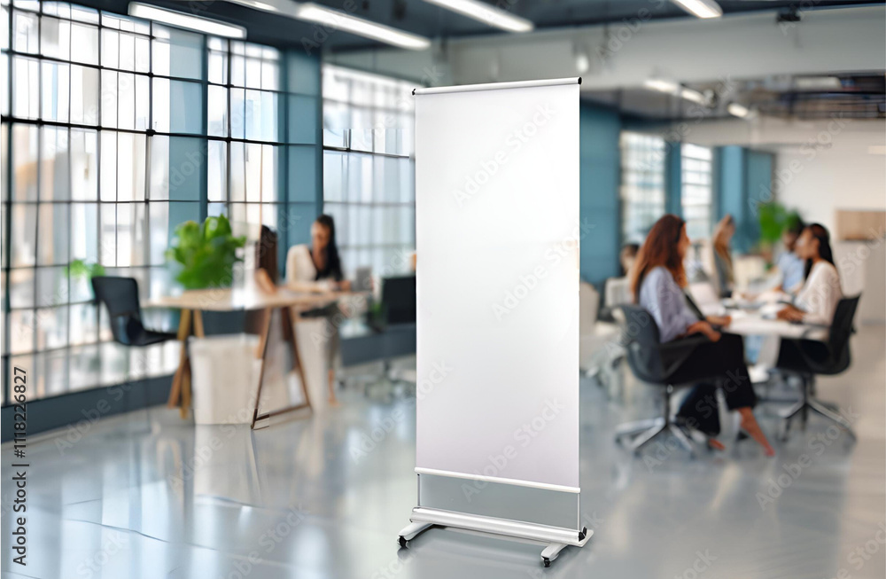 An empty roll-up display stands in a modern office with blurry people in the background, ready for advertising content An empty roll-up display stands in a modern office with blurry people in the background, ready for advertising content