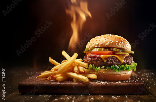 Hamburguer saboroso com porção de fritas, chama de fogo ao fundo em cima de uma tábua de madeira photo