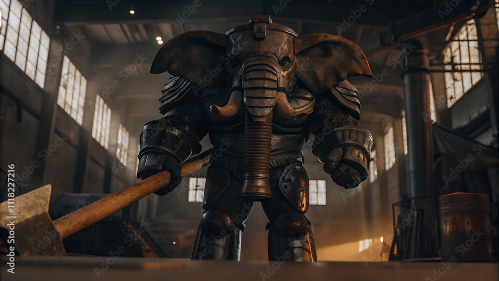 A colossal, armored elephant creature wielding a massive sledgehammer stands in a dimly lit industrial setting. A colossal, armored elephant creature wielding a massive sledgehammer stands in a dimly lit industrial setting.
