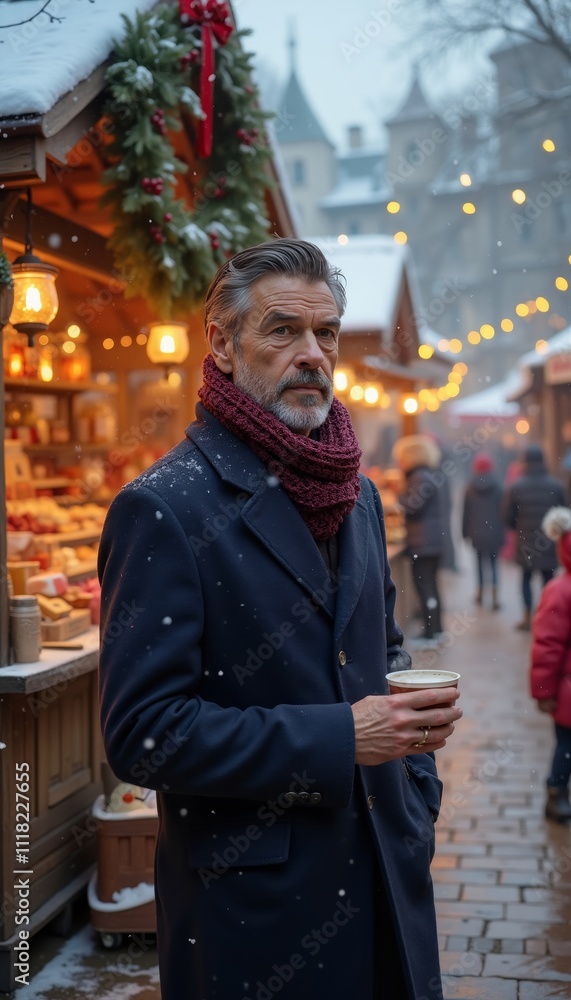 Obraz premium Man in Coat Holding Coffee at Snowy Christmas Market