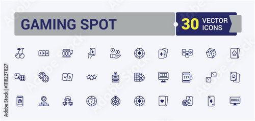 Gaming Spot icon set. Includes icons for color, bandit, watermelon, coin, gamble, vegas, fruit, bet. Set of line pictogram. Editable vector outline and solid icons.