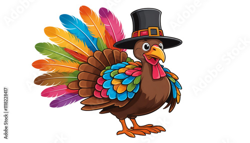 A cute cartoon turkey bird character with a blue feather black hat, celebrating Thanksgiving photo