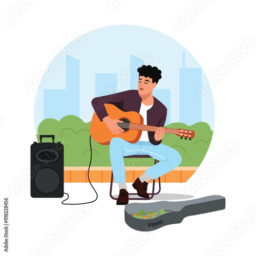 Vector illustration of a street musician. Cartoon scene of a talented guy sitting on the street, playing the guitar, a music column, city houses, bushes isolated on a white background. Receives money.