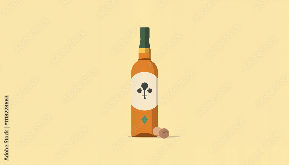Stylized whiskey bottle with cork on minimalistic background for beverage design concept Stylized whiskey bottle with cork on minimalistic background for beverage design concept