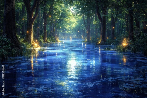 Enchanted forest river with glowing fireflies at twilight photo