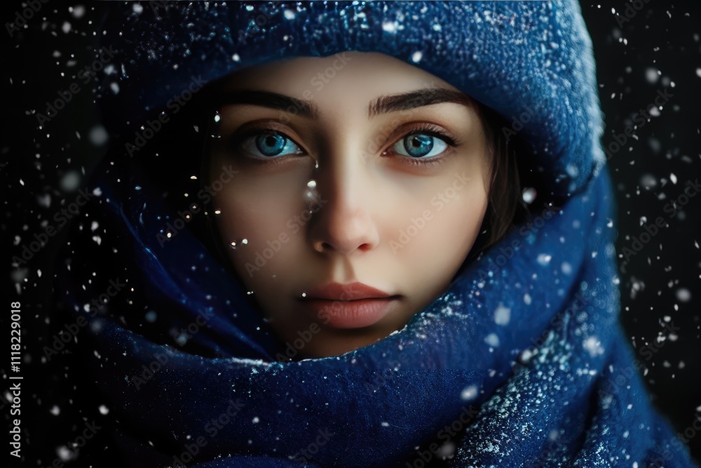 Close-Up Portrait of a Woman Wearing Blue Winter Hat and Scarf, Snowfall, Perfect Skin Texture Close-Up Portrait of a Woman Wearing Blue Winter Hat and Scarf, Snowfall, Perfect Skin Texture