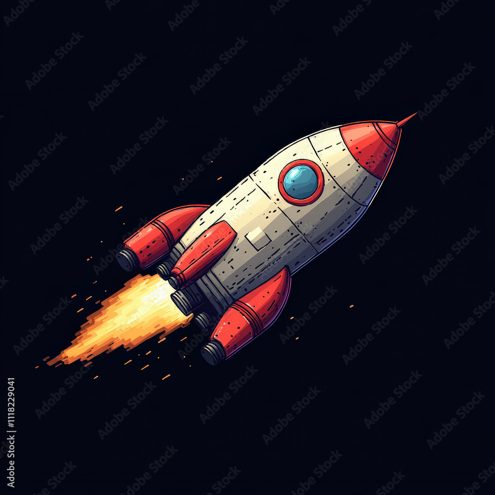 Fototapeta premium Colorful Retro Rocket Illustration Launching into Space with Bright Flames and Sparkles in Background Ideal for Creative Projects and Science Themes
