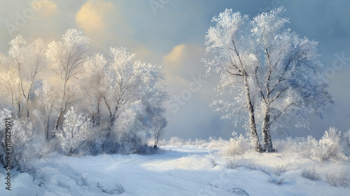 Cold winter day, beautiful hoarfrost and rime on trees