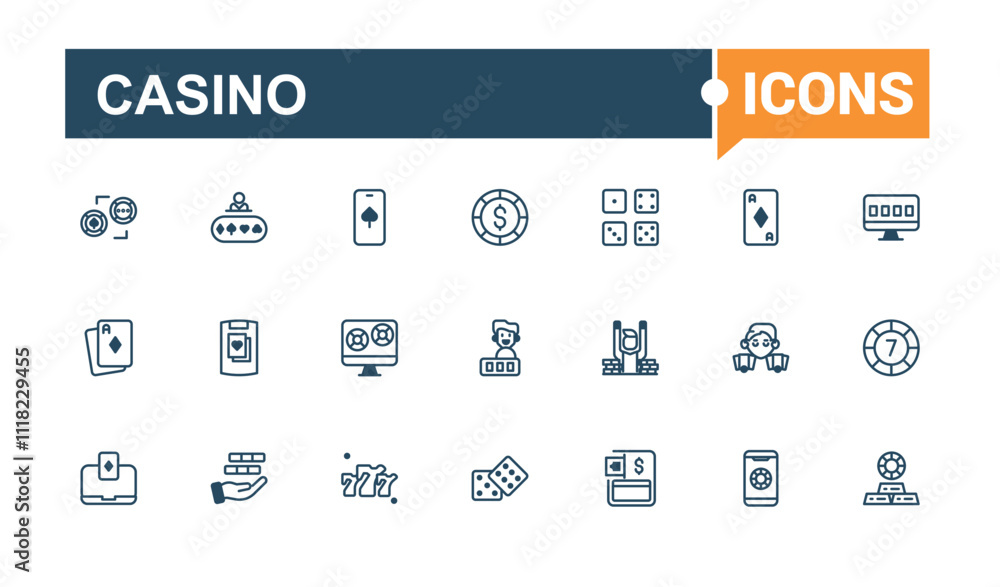 Casino icon set. Contains related to bright, pictogram, las vegas, prize, gold, light and more. Outline symbol collection. Outline and solid pictogram. Casino icon set. Contains related to bright, pictogram, las vegas, prize, gold, light and more. Outline symbol collection. Outline and solid pictogram.