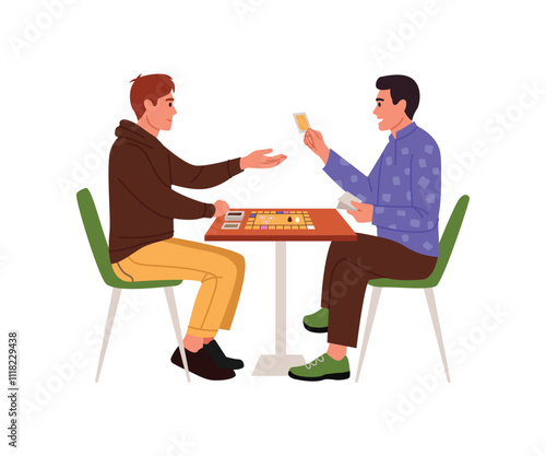 Vector illustration Monopoly board game. Cartoon scene of two boys sitting at a table and playing a board game with a square field, dice, chips, toy money isolated on a white background.Economic game.