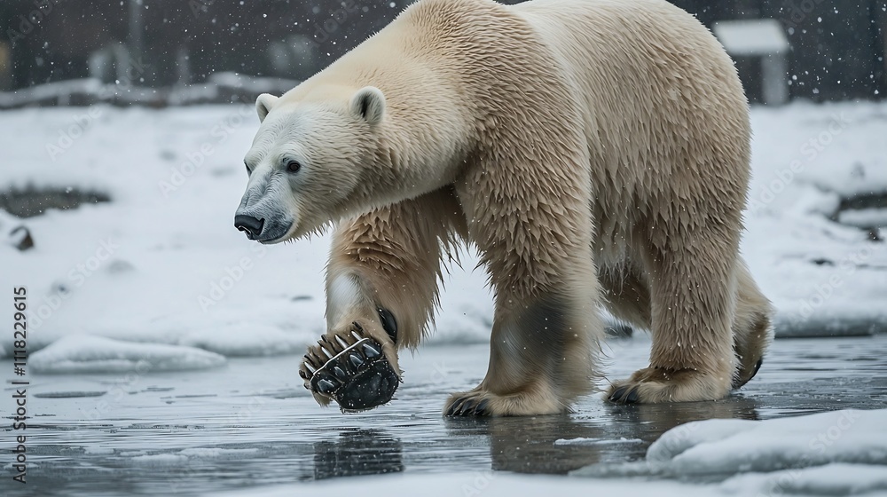 Polar Bear with Prosthetic Paw Traversing Snowy Terrain Polar Bear with Prosthetic Paw Traversing Snowy Terrain