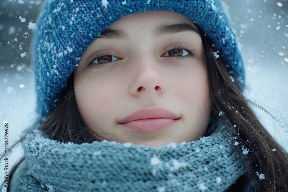 Close-Up Portrait of a Woman Wearing Blue Winter Hat and Scarf, Snowfall, Perfect Skin Texture Close-Up Portrait of a Woman Wearing Blue Winter Hat and Scarf, Snowfall, Perfect Skin Texture
