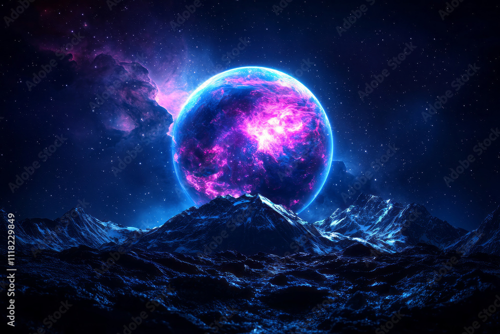 stunning cosmic landscape featuring vibrant nebula and mountains stunning cosmic landscape featuring vibrant nebula and mountains