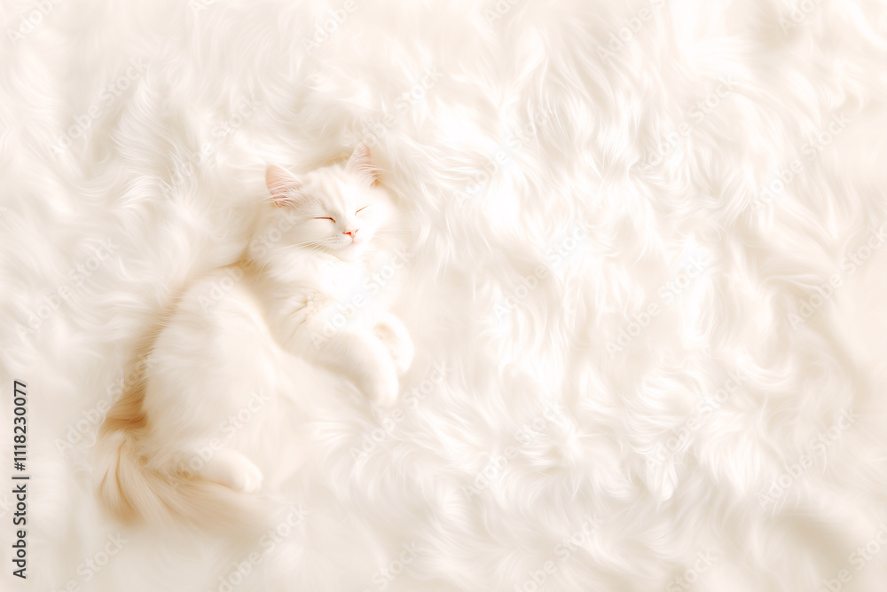 Adorable Fluffy Cat, sleeping and lying on a white fur blanket, with a soft, cozy, and warm feel for a winter background Adorable Fluffy Cat, sleeping and lying on a white fur blanket, with a soft, cozy, and warm feel for a winter background