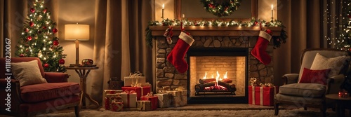 Red Santa Claus hat and sock hanging under christmas tree in the house	 photo