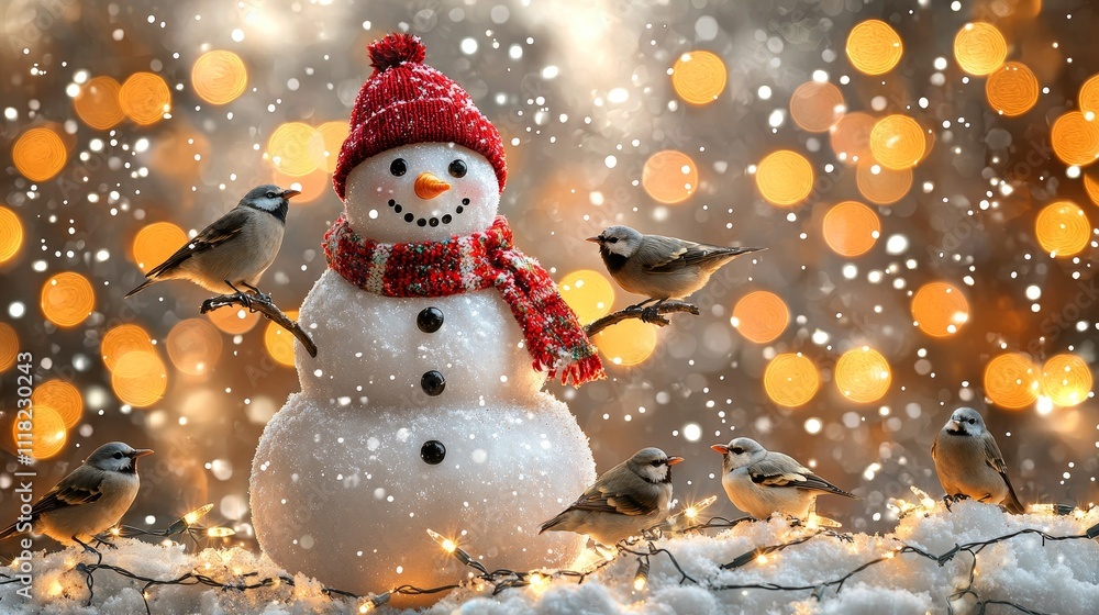 A cheerful snowman with a red hat stands among birds, surrounded by falling snow and sparkling lights, creating a festive winter scene. A cheerful snowman with a red hat stands among birds, surrounded by falling snow and sparkling lights, creating a festive winter scene.